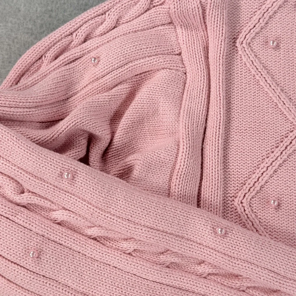 Vintage Liz‎ Sport Floral Pink Pearls Cable Knit Sweater Cottage Core Sweater M